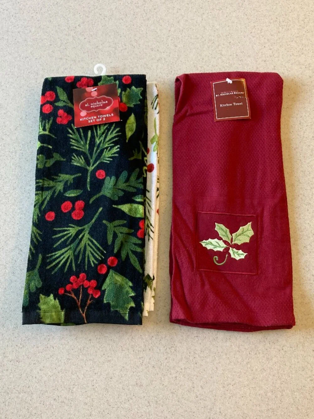 NWT St. Nicholas Square Kitchen Towels 3 Pc. Poinsettias Holday Theme